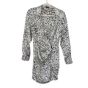 Zara Satin Mini Dress | Size Small | Black & White Snow Leopard Print Wrap Style